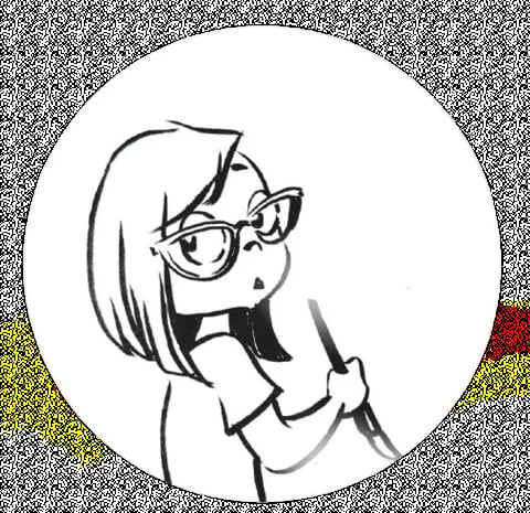 Black and white line drawing of a girl with shoulder-length hair and glasses, holding a paintbrush, inside a circular frame